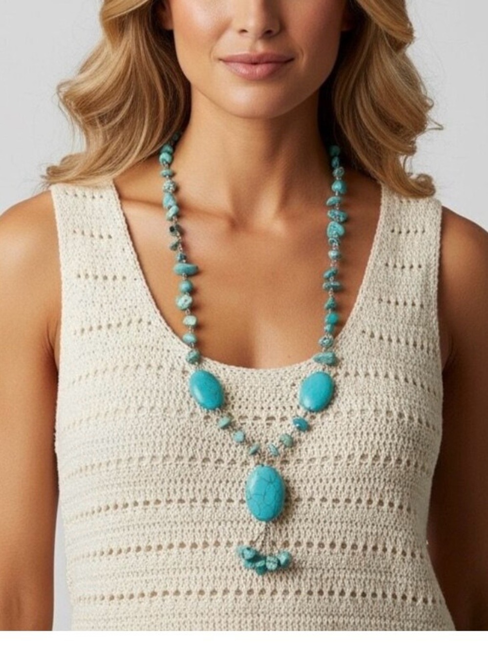 Vintage Beaded Turquoise Lariat Necklace 22” Boho Southwestern Chunky Gemstone